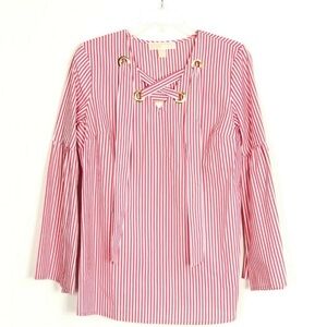 Michael Kors Red and White Bell Sleeve Blouse with Tie Front size Medium